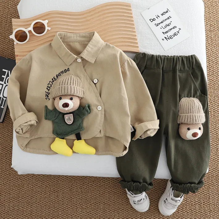Boys Bear Design Outfit Set with Green Shirt & Brown Pants | 1β6 Years
